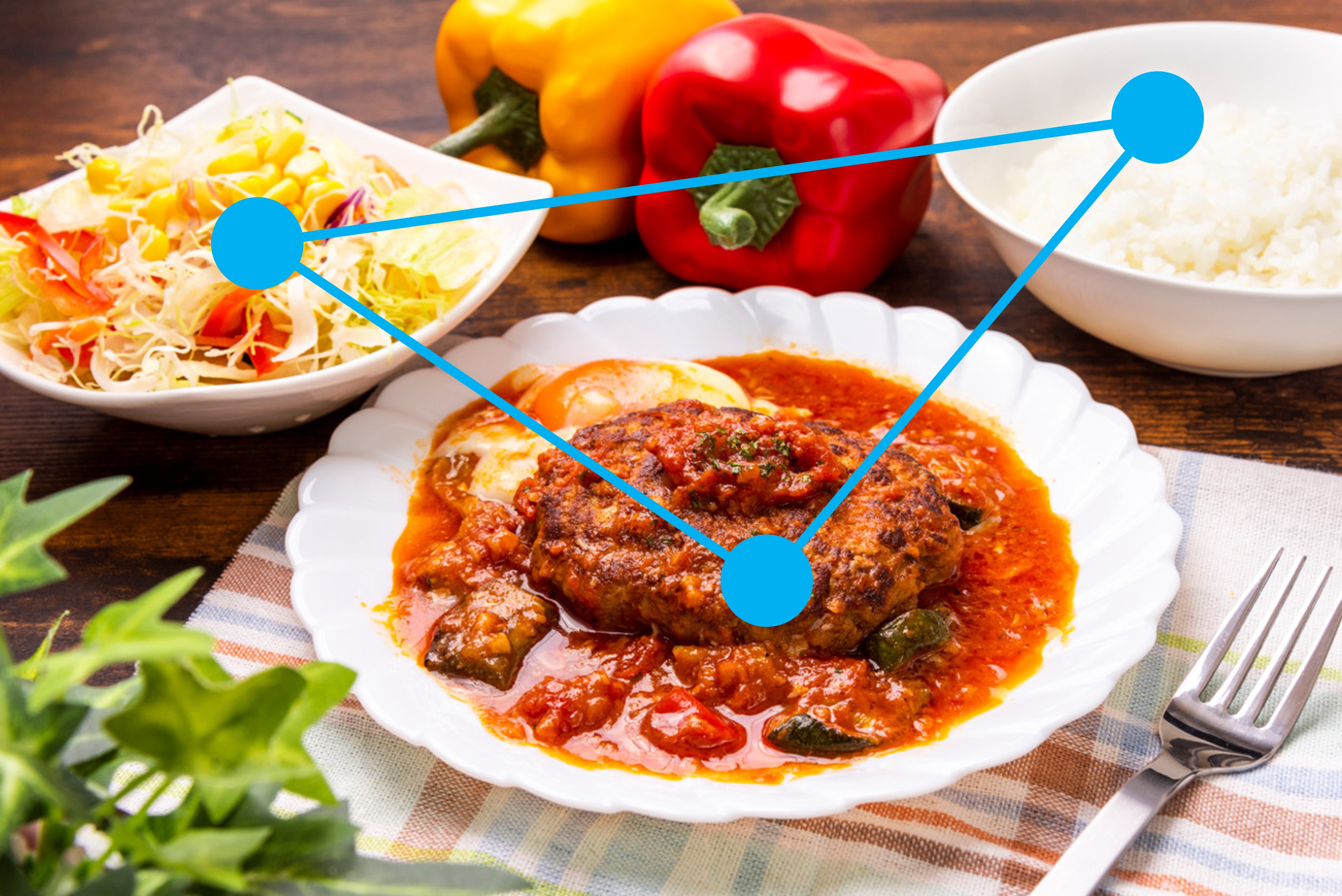 ハンバーグの写真の上に点と線を載せて三角構図を表現した画像